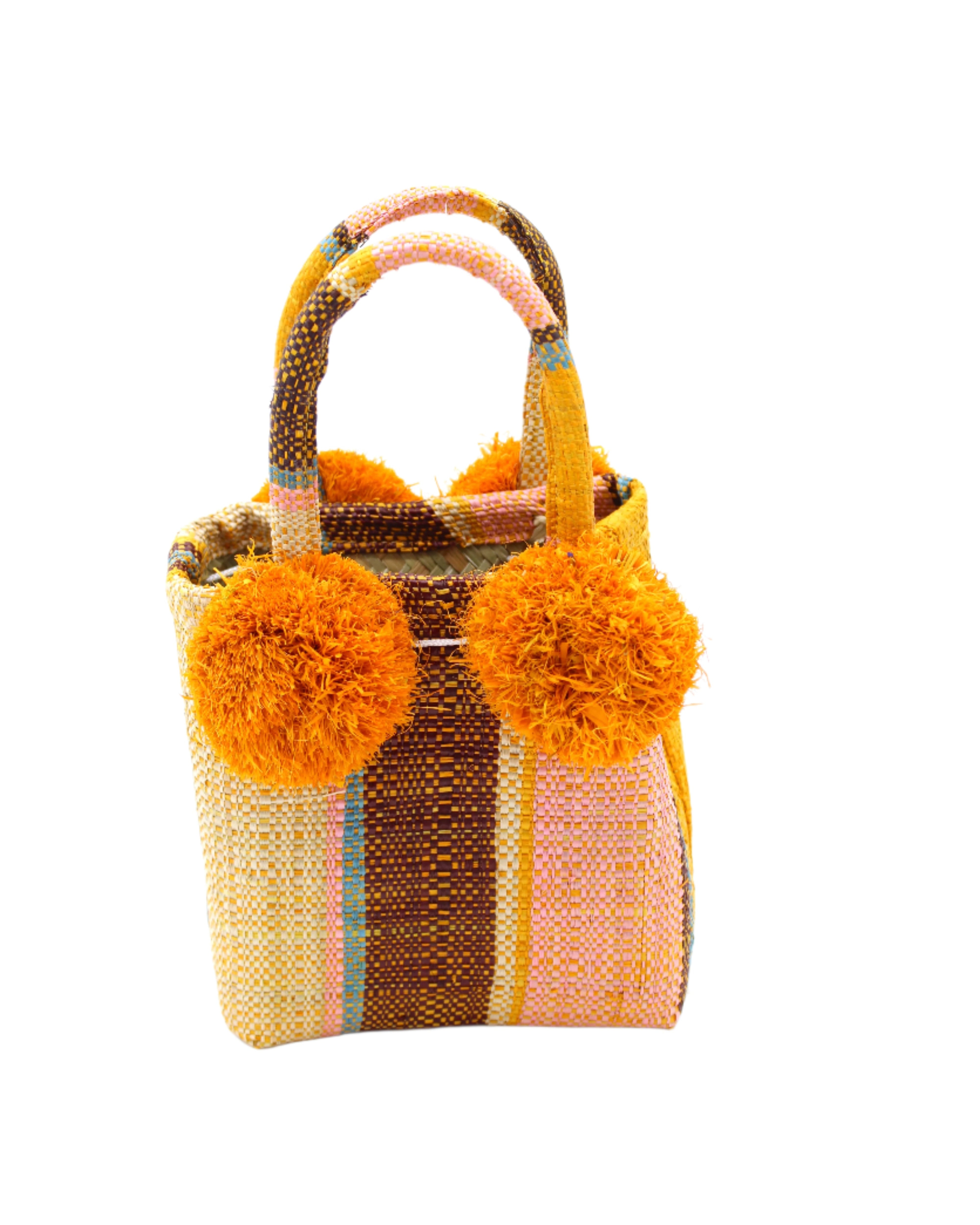 Schooner Pink Blue Swirl Swirl Straw Mini Bag with Pompom Accent handmade loomed natural raffia palm fiber in multi width vertical multicolor stripe pattern of saffron yellow/orange, black, light pink, light blue, and natural straw color with four matching raffia pompom embellishments at the base of each handle attachment tiny purse extra small handbag - Shebobo