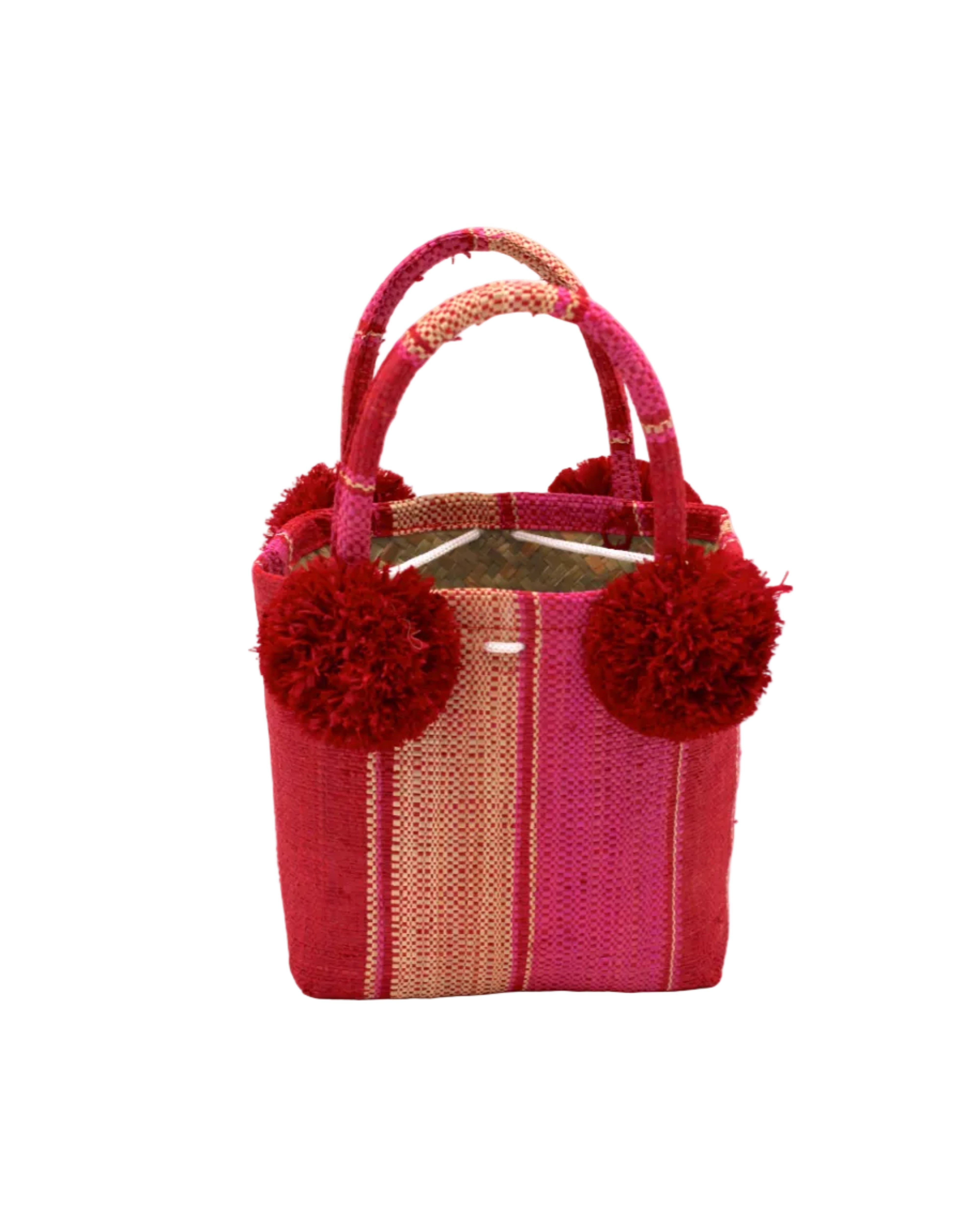 Schooner Pink & Red Swirl Straw Mini Bag with Pompom Accent handmade loomed natural raffia palm fiber in multi width vertical multicolor stripe pattern of fuchsia hot/bright/barbie/pink, red, and natural straw color with four matching raffia pompom embellishments at the base of each handle attachment tiny purse extra small handbag - Shebobo