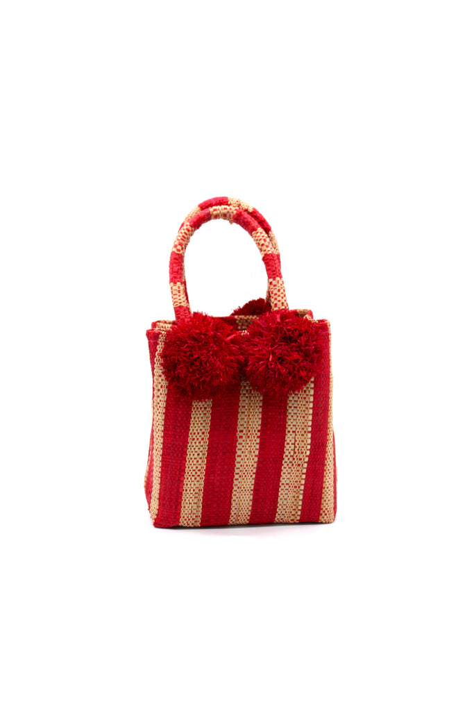 Schooner Red Stripe Straw Mini Bag with Pompom Accent handmade loomed natural raffia palm fiber in two tones of red and natural straw color vertical stripe pattern with four red raffia pompom embellishments at the base of each handle attachment tiny purse extra small handbag - Shebobo