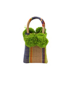 Schooner Rio Swirl Straw Mini Bag with Pompom Accent handmade loomed natural raffia palm fiber in multi width vertical multicolor stripe pattern of purple, red, blue, cappuccino light brown, natural straw color, saffron yellow, lime green, etc. with four matching raffia pompom embellishments at the base of each handle attachment tiny purse extra small handbag - Shebobo