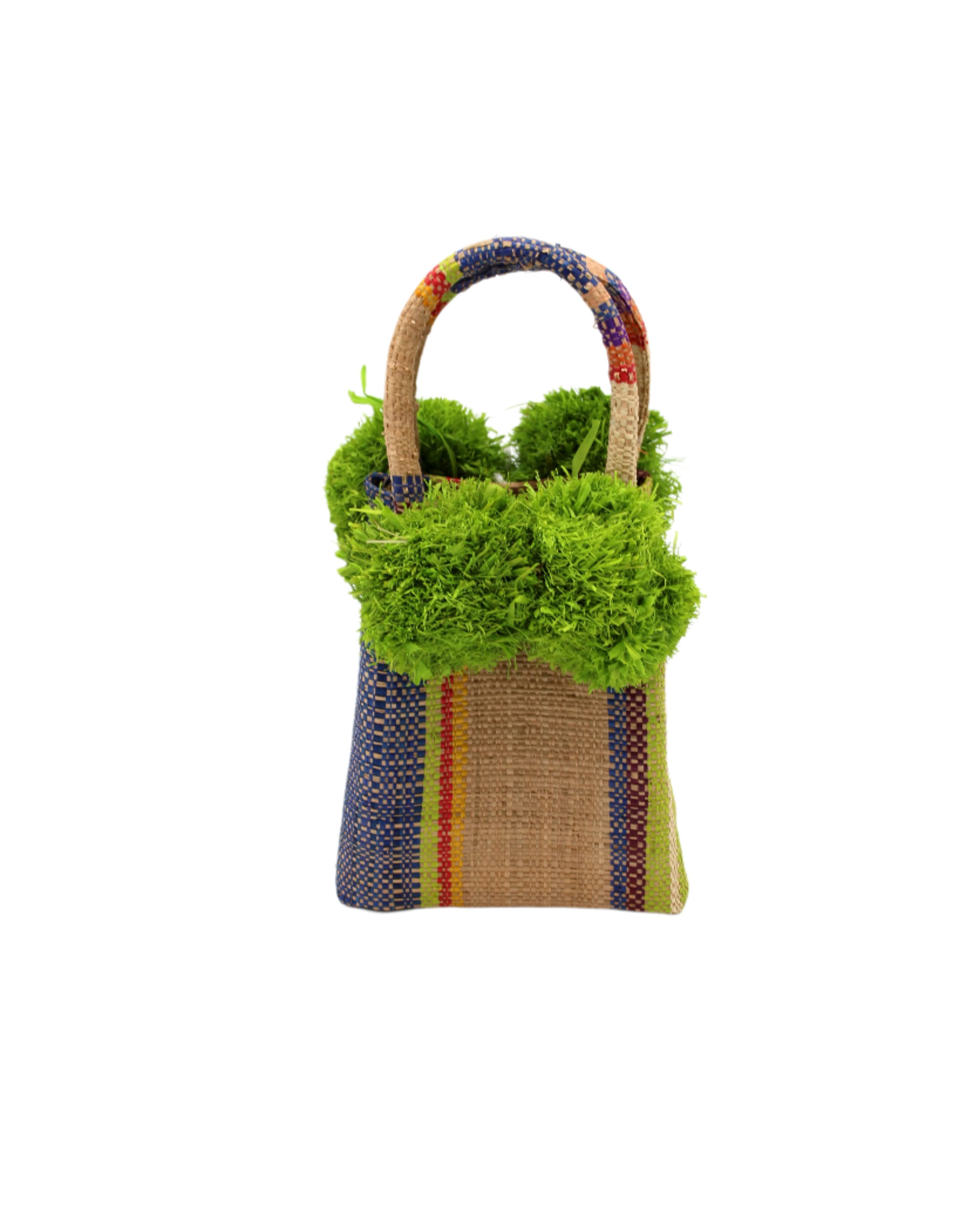 Schooner Rio Swirl Straw Mini Bag with Pompom Accent handmade loomed natural raffia palm fiber in multi width vertical multicolor stripe pattern of purple, red, blue, cappuccino light brown, natural straw color, saffron yellow, lime green, etc. with four matching raffia pompom embellishments at the base of each handle attachment tiny purse extra small handbag - Shebobo