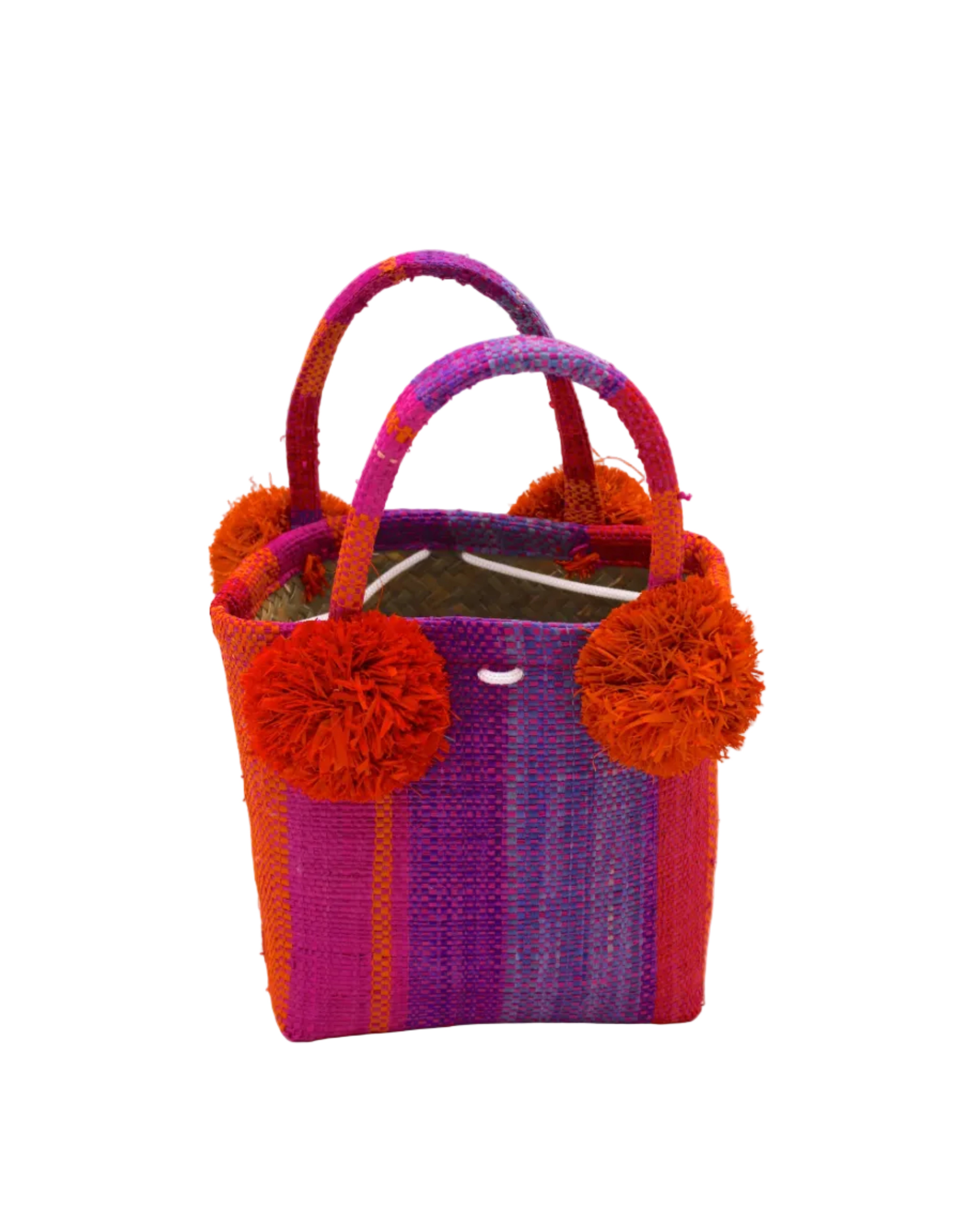 Schooner Sherbert Swirl Straw Mini Bag with Pompom Accent handmade loomed natural raffia palm fiber in multi width vertical multicolor stripe pattern of fuchsia hot/bright/barbie/pink, coral orange/red, purple, wisteria lilac/light/purple, red, etc. with four matching raffia pompom embellishments at the base of each handle attachment tiny purse extra small handbag - Shebobo