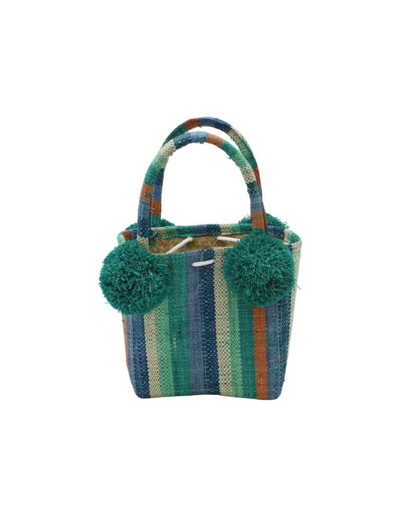 Schooner Teal Orange Stripe Straw Mini Bag with Pompom Accent handmade loomed natural raffia palm fiber in multi width vertical multicolor stripe pattern of teal dark/blue/green, turquoise, denim, navy, seafoam, orange, and natural straw color with four matching raffia pompom embellishments at the base of each handle attachment tiny purse extra small handbag - Shebobo