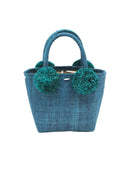 Schooner Straw Mini Bag with Pompom Accent handmade loomed natural raffia palm fiber in a solid hue of Turquoise blue/green with four matching raffia pompom embellishments at the base of each handle attachment tiny purse extra small handbag - Shebobo