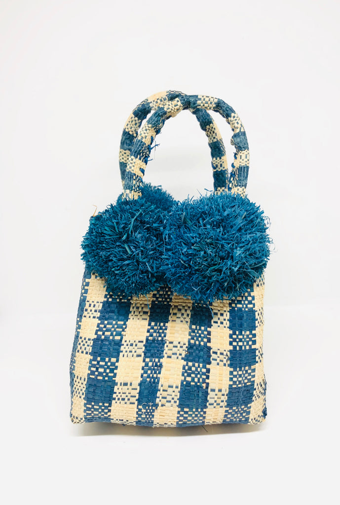 Schooner Turquoise Gingham Straw Mini Bag with Pompom Accent handmade loomed natural raffia palm fiber in two tones of turquoise blue and natural straw color small gingham plaid pattern with four turquoise raffia pompom embellishments at the base of each handle attachment tiny purse extra small handbag - Shebobo