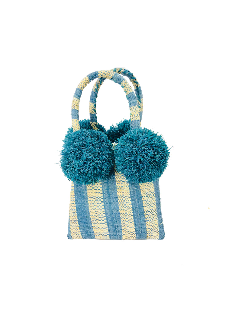 Schooner Turquoise Stripe Straw Mini Bag with Pompom Accent handmade loomed natural raffia palm fiber in two tones of turquoise blue and natural straw color vertical stripe pattern with four turquoise raffia pompom embellishments at the base of each handle attachment tiny purse extra small handbag - Shebobo