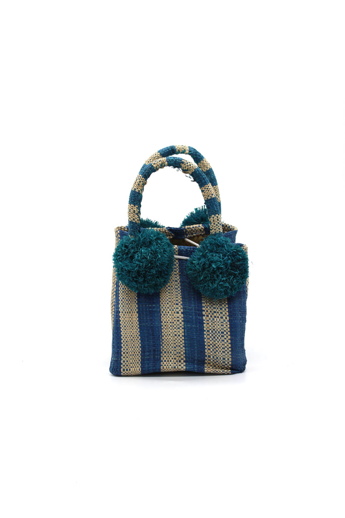 Schooner Turquoise Stripe Straw Mini Bag with Pompom Accent handmade loomed natural raffia palm fiber in two tones of turquoise blue and natural straw color vertical stripe pattern with four turquoise raffia pompom embellishments at the base of each handle attachment tiny purse extra small handbag - Shebobo