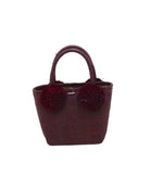 Schooner Straw Mini Bag with Pompom Accent handmade loomed natural raffia palm fiber in a solid hue of Umberwine burgundy/bordeaux/claret/dark/purple/red with four matching raffia pompom embellishments at the base of each handle attachment tiny purse extra small handbag - Shebobo