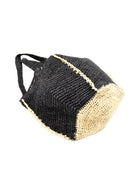 Bottom View Sea See Black Straw Shoulder Bag handmade woven raffia palm fiber in a solid hue of black making a diagonal link pattern with  natural straw color crochet circular bottom and vertical edging along the side panels creating a two tone multicolor handbag/beach bag/purse - Shebobo