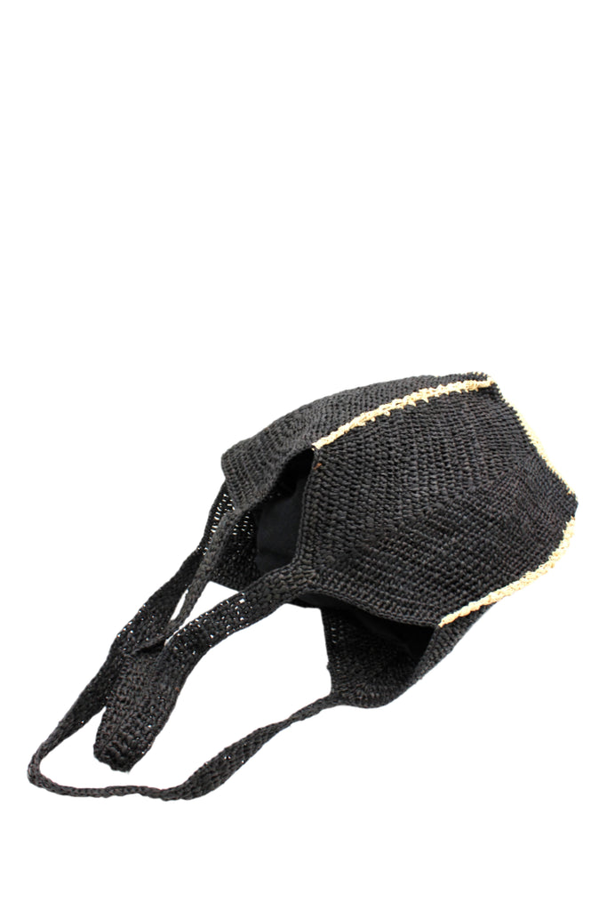 Sea See Black Straw Shoulder Bag handmade woven raffia palm fiber in a solid hue of black making a diagonal link pattern with  natural straw color crochet circular bottom and vertical edging along the side panels creating a two tone multicolor handbag/beach bag/purse - Shebobo