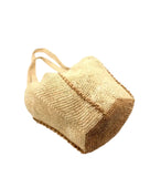Bottom View Sea See Cappuccino Straw Shoulder Bag handmade woven raffia palm fiber in a solid hue of natural straw color making a diagonal link pattern with cappuccino light/brown/beige crochet circular bottom and vertical edging along the side panels creating a two tone multicolor handbag/beach bag/purse - Shebobo