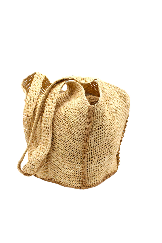 Sea See Cappuccino Straw Shoulder Bag handmade woven raffia palm fiber in a solid hue of natural straw color making a diagonal link pattern with cappuccino light/brown/beige crochet circular bottom and vertical edging along the side panels creating a two tone multicolor handbag/beach bag/purse - Shebobo