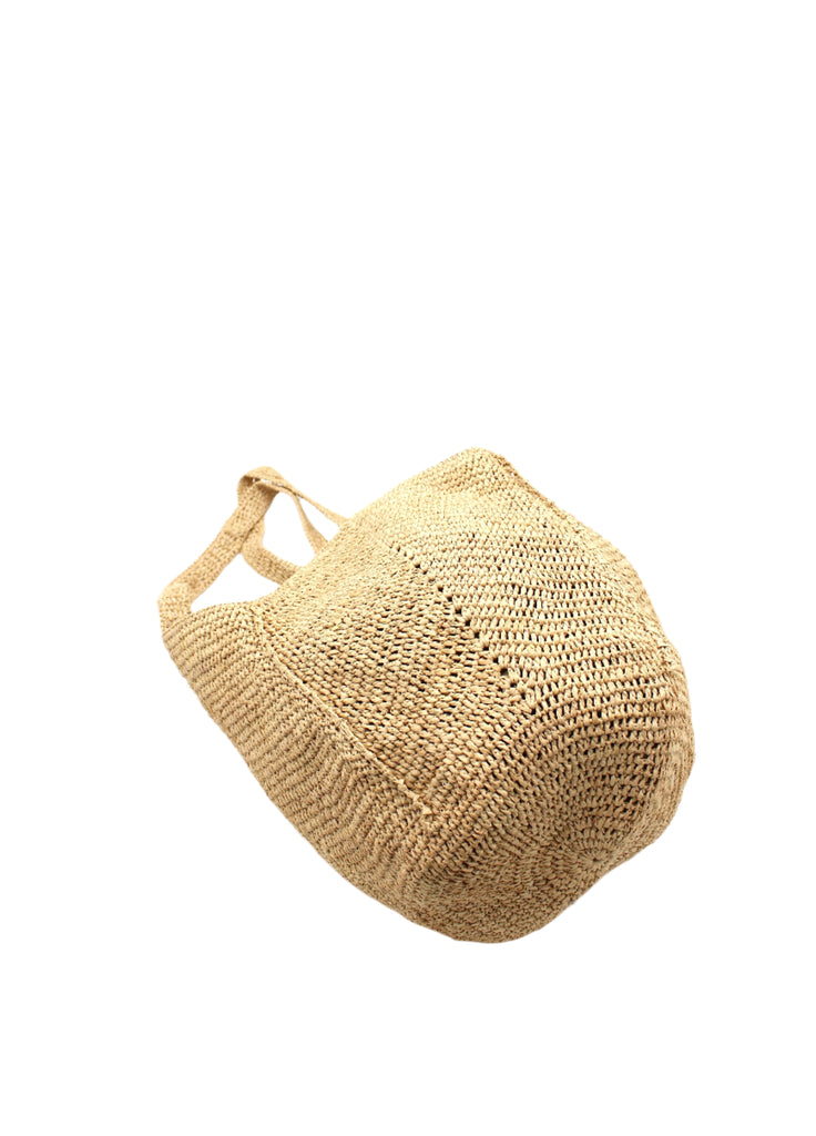 Bottom View Sea See Natural Straw Shoulder Bag handmade woven raffia palm fiber in a solid hue of natural straw color making a diagonal link pattern with matching crochet circular bottom and vertical edging along the side panels handbag/beach bag/purse - Shebobo