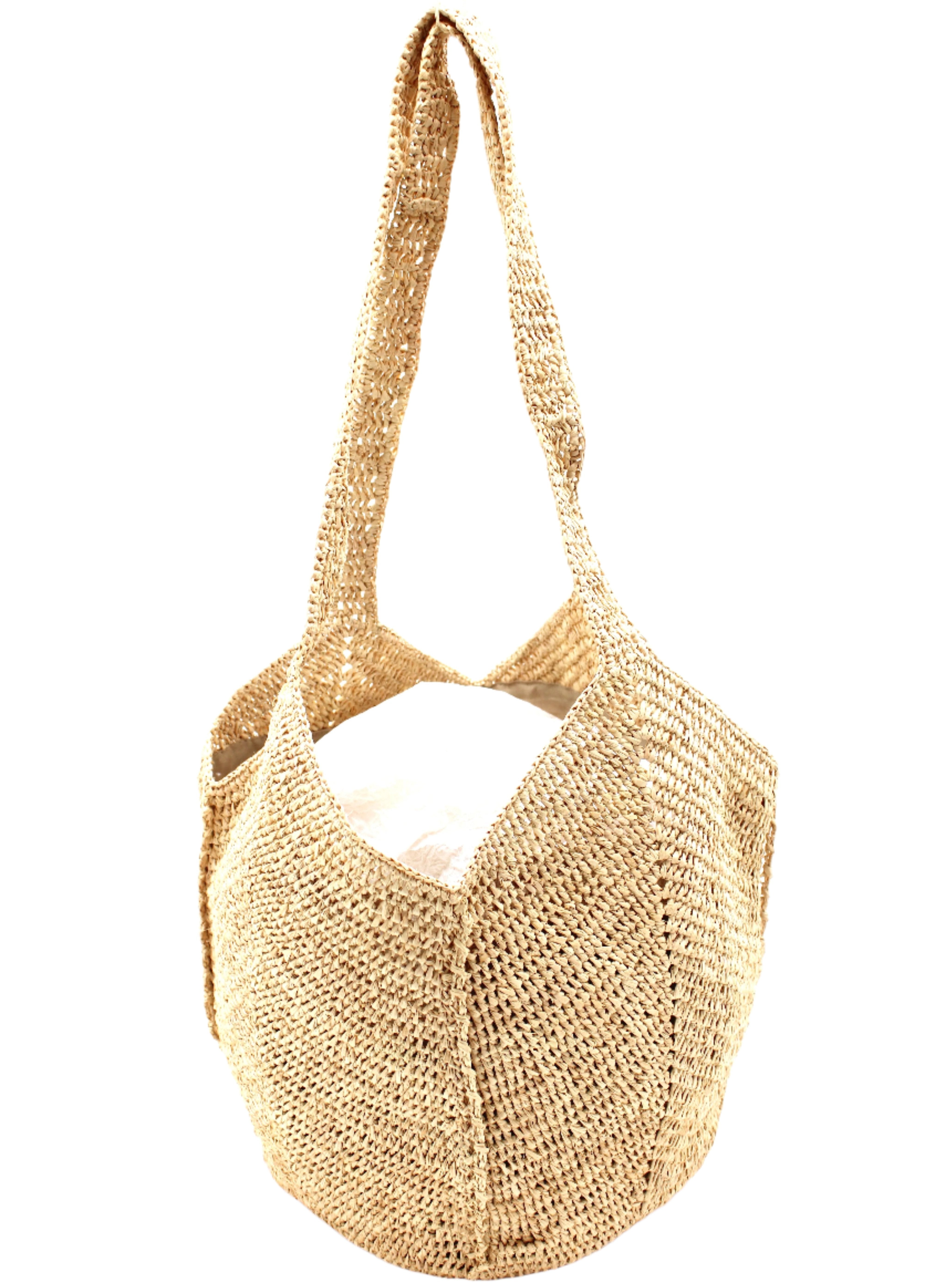 Bottom View Sea See Natural Straw Shoulder Bag handmade woven raffia palm fiber in a solid hue of natural straw color making a diagonal link pattern with matching crochet circular bottom and vertical edging along the side panels handbag/beach bag/purse - Shebobo