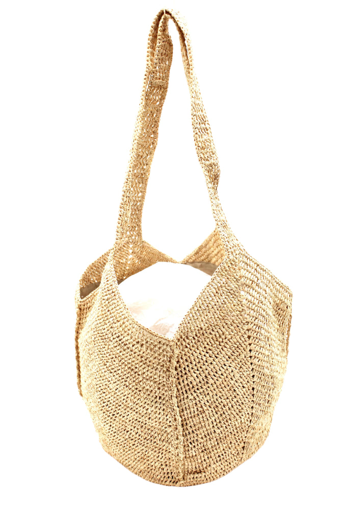 Bottom View Sea See Natural Straw Shoulder Bag handmade woven raffia palm fiber in a solid hue of natural straw color making a diagonal link pattern with matching crochet circular bottom and vertical edging along the side panels handbag/beach bag/purse - Shebobo