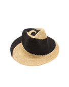 Sequoia Black and Natural 3" Brim Swirl Crochet Panama Unisex Straw Hats handmade crochet natural raffia palm fiber in a two tone color swirl design of black and natural straw color spiraling together from wide bands around the brim to a narrow twist at the top of the crown  - Shebobo