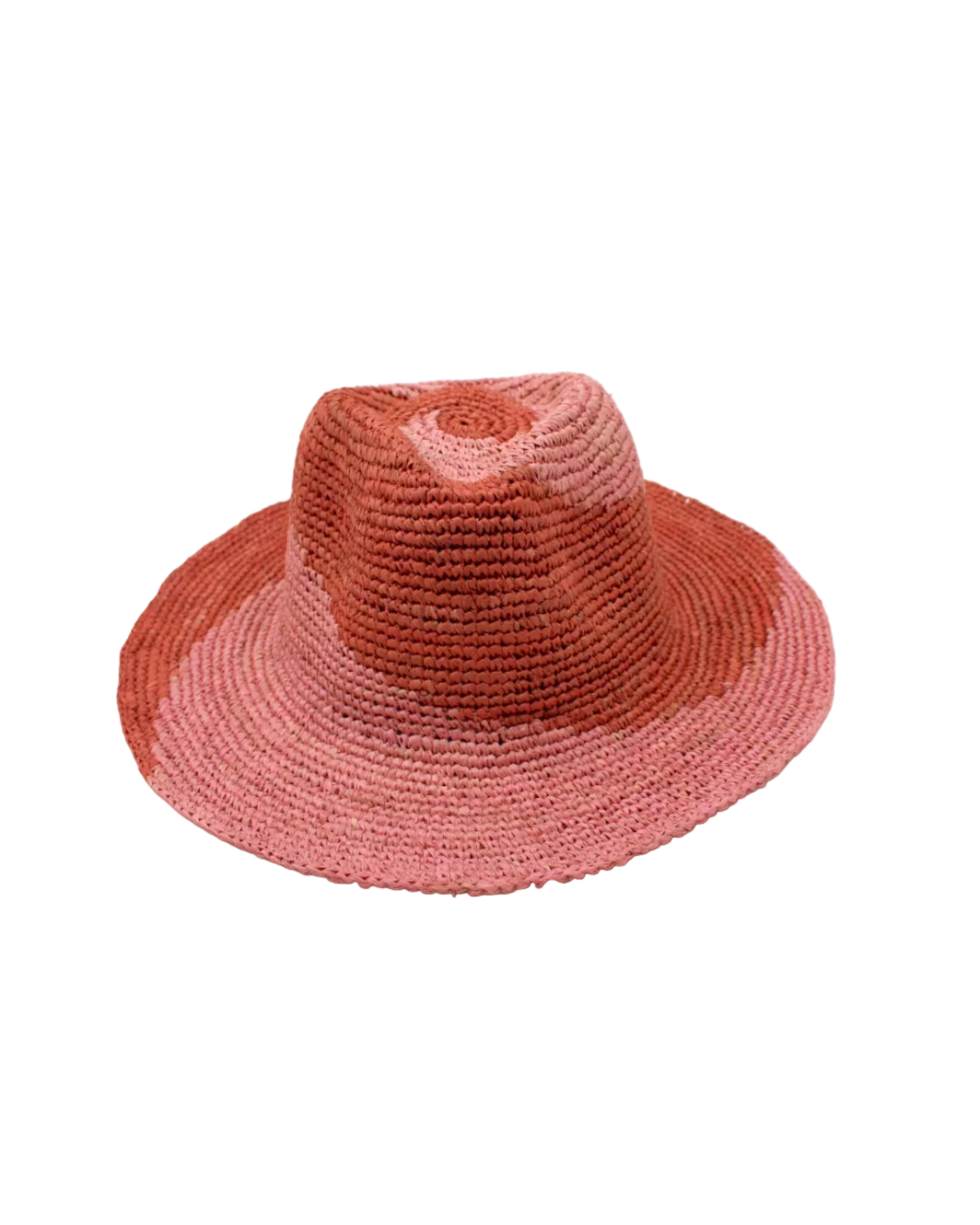 Sequoia Blush & Pink 3" Brim Swirl Crochet Panama Unisex Straw Hats handmade crochet natural raffia palm fiber in a two tone color swirl design of blush orange/pink and pink pale/light/pink spiraling together from wide bands around the brim to a narrow twist at the top of the crown  - Shebobo