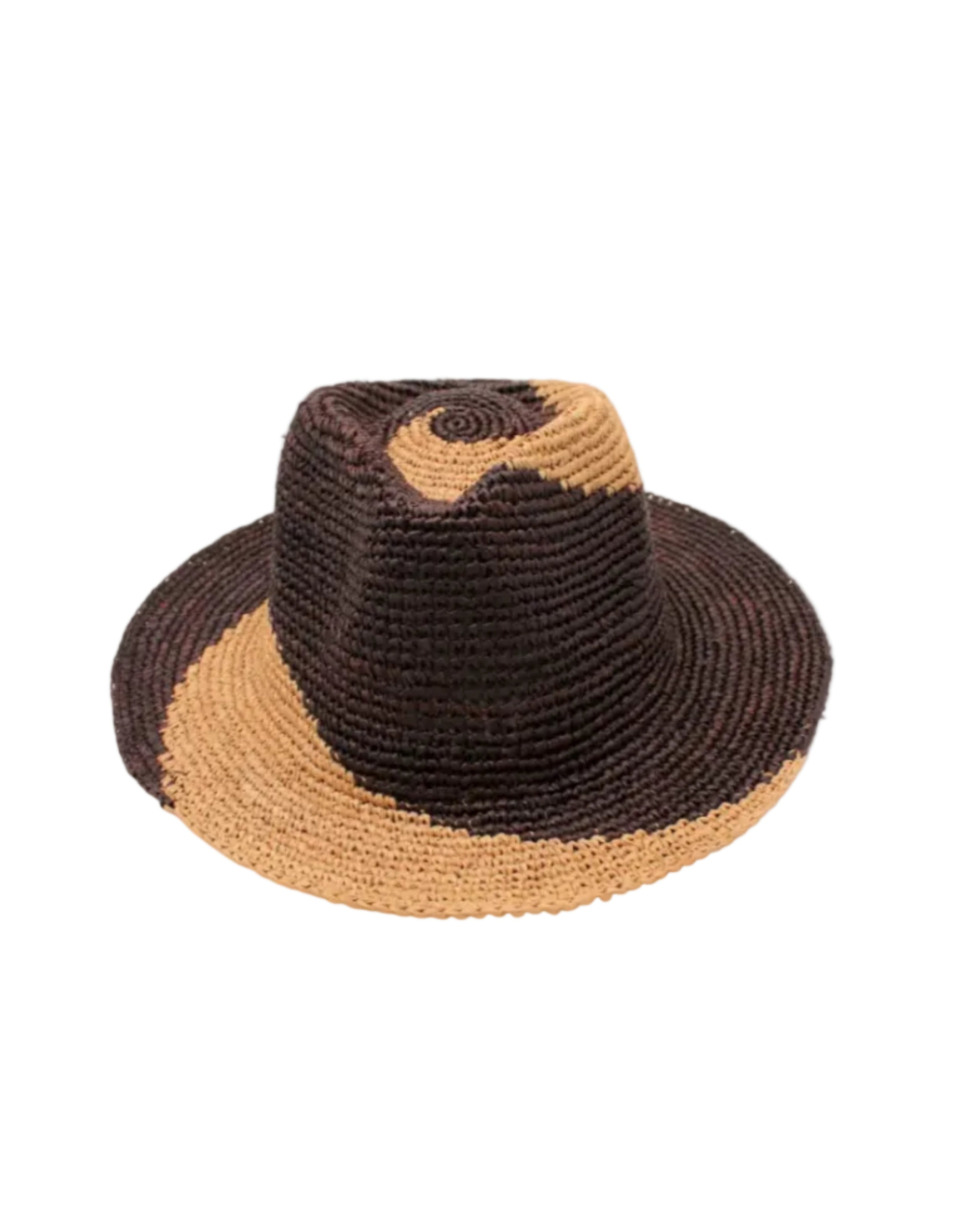 Sequoia Cappuccino & Espresso 3" Brim Swirl Crochet Panama Unisex Straw Hats handmade crochet natural raffia palm fiber in a two tone color swirl design of cappuccino tea/light/brown and espresso dark/chocolate/brown spiraling together from wide bands around the brim to a narrow twist at the top of the crown  - Shebobo