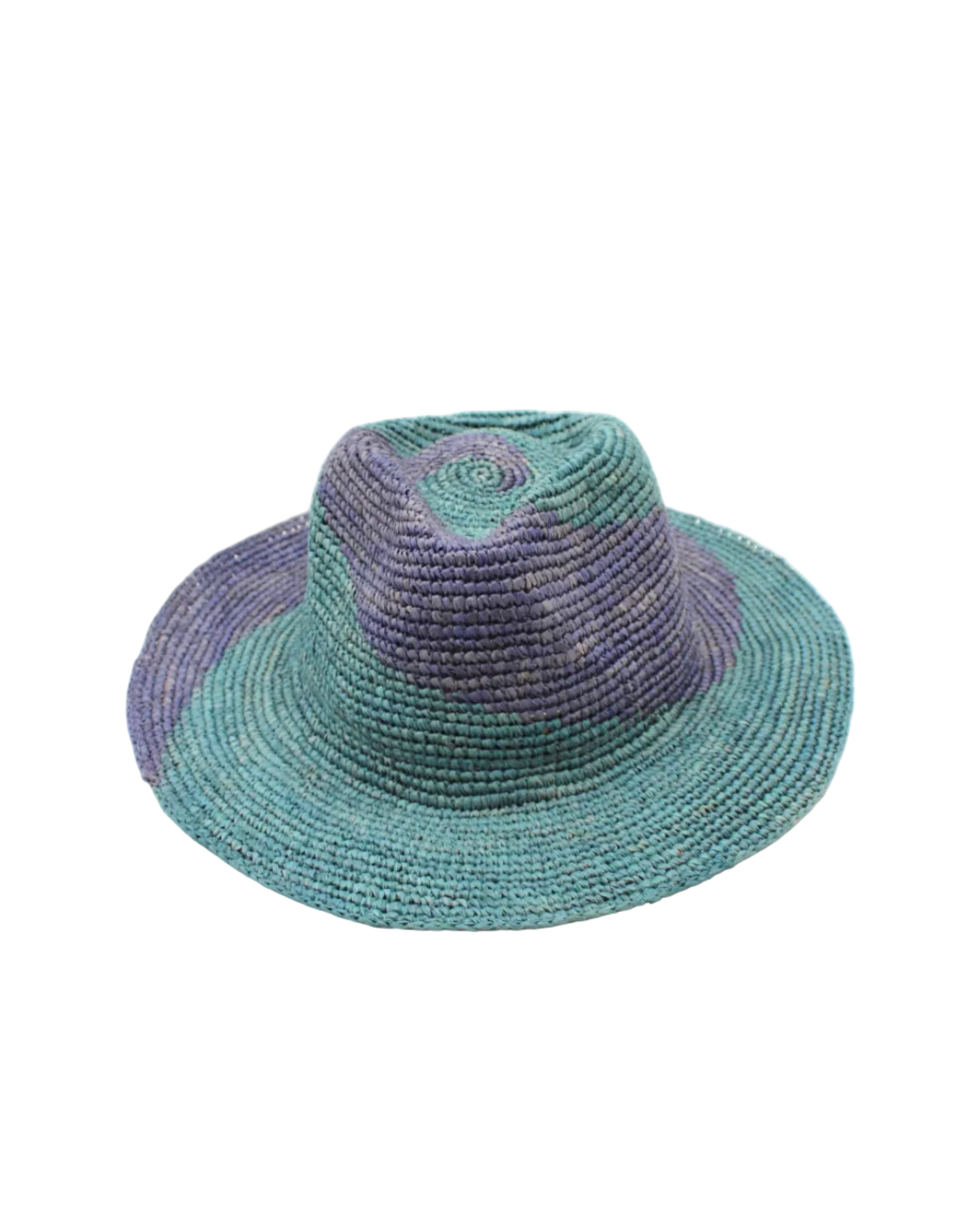 Sequoia Denim & Turquoise 3" Brim Swirl Crochet Panama Unisex Straw Hats handmade crochet natural raffia palm fiber in a two tone color swirl design of denim retro/light/blue and turquoise light/blue/green spiraling together from wide bands around the brim to a narrow twist at the top of the crown  - Shebobo