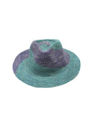 Sequoia Denim & Turquoise 3" Brim Swirl Crochet Panama Unisex Straw Hats handmade crochet natural raffia palm fiber in a two tone color swirl design of denim retro/light/blue and turquoise light/blue/green spiraling together from wide bands around the brim to a narrow twist at the top of the crown  - Shebobo