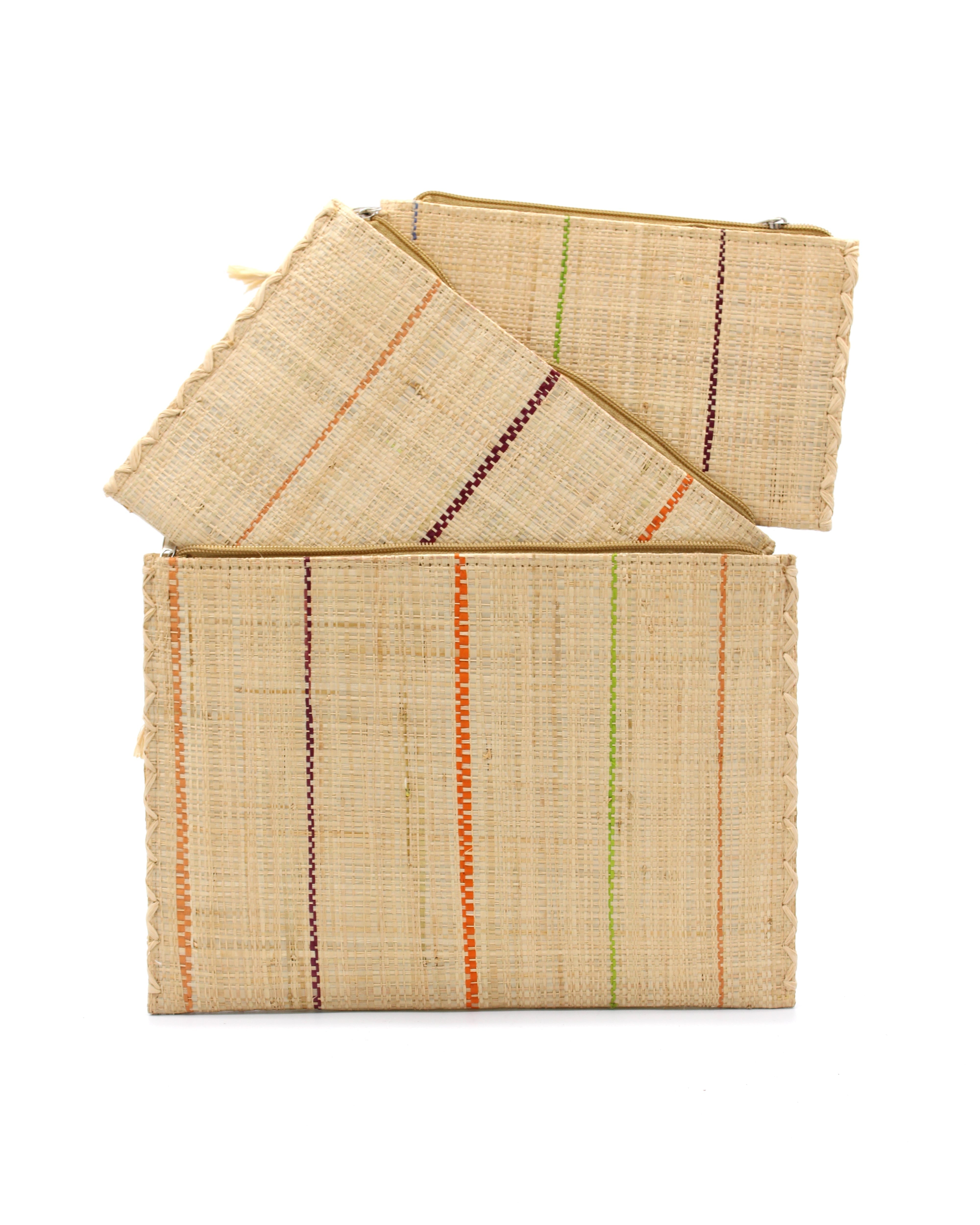 Set of 3 Brights on Natural straw color Nesting Zippered Straw Clutches Pinstripe Pattern handmade loomed raffia in wide vertical bands of natural with multicolor narrow bands of fuchsia pink, coral orange/red, lime green, black, etc. with matching zipper and braided zipper pull with cross stitch edging in three sizes of small, medium, and large - Shebobo