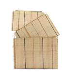 Set of 3 Neutrals on Natural straw color Nesting Zippered Straw Clutches Pinstripe Pattern handmade loomed raffia in wide vertical bands of natural with multicolor narrow bands of cinnamon/tobacco/brown, black, and blush with matching zipper and braided zipper pull with cross stitch edging in three sizes of small, medium, and large - Shebobo