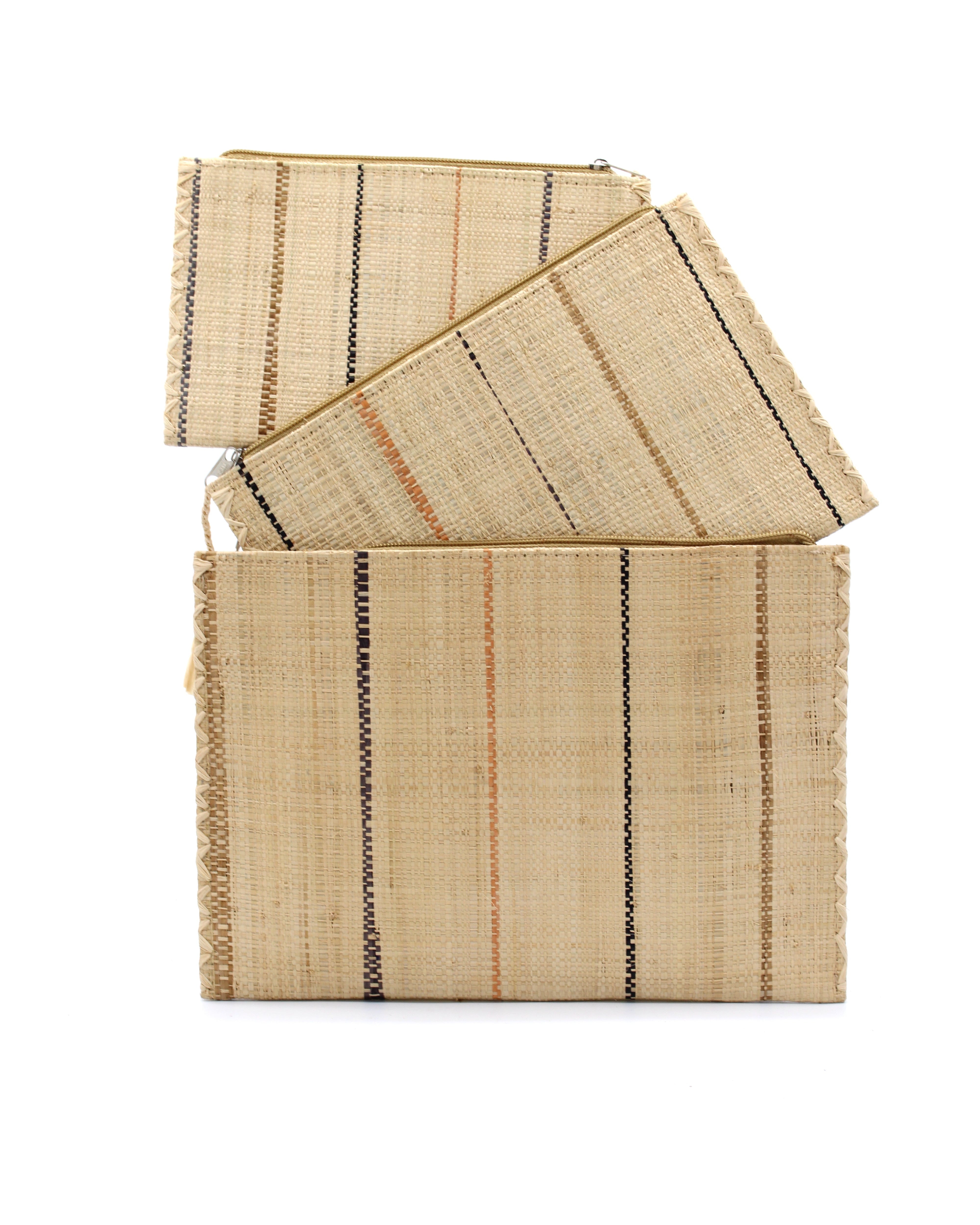 Set of 3 Neutrals on Natural straw color Nesting Zippered Straw Clutches Pinstripe Pattern handmade loomed raffia in wide vertical bands of natural with multicolor narrow bands of cinnamon/tobacco/brown, black, and blush with matching zipper and braided zipper pull with cross stitch edging in three sizes of small, medium, and large - Shebobo