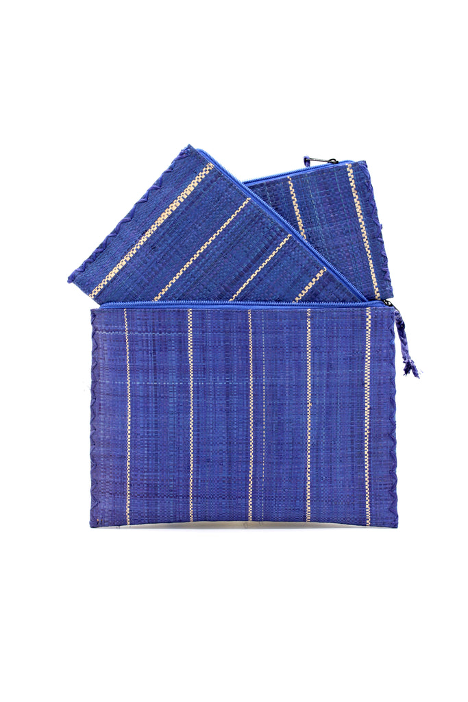 Set of 3 Navy Blue Nesting Zippered Straw Clutches Pinstripe Pattern handmade loomed raffia in wide vertical bands of blue with narrow bands of natural straw color with matching zipper and braided zipper pull with cross stitch edging in three sizes of small, medium, and large - Shebobo