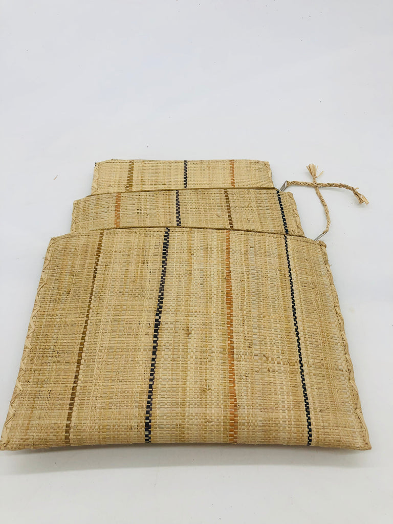 Set of 3 Neutrals on Natural straw color Nesting Zippered Straw Clutches Pinstripe Pattern handmade loomed raffia in wide vertical bands of natural with multicolor narrow bands of cinnamon/tobacco/brown, black, and blush with matching zipper and braided zipper pull with cross stitch edging in three sizes of small, medium, and large - Shebobo