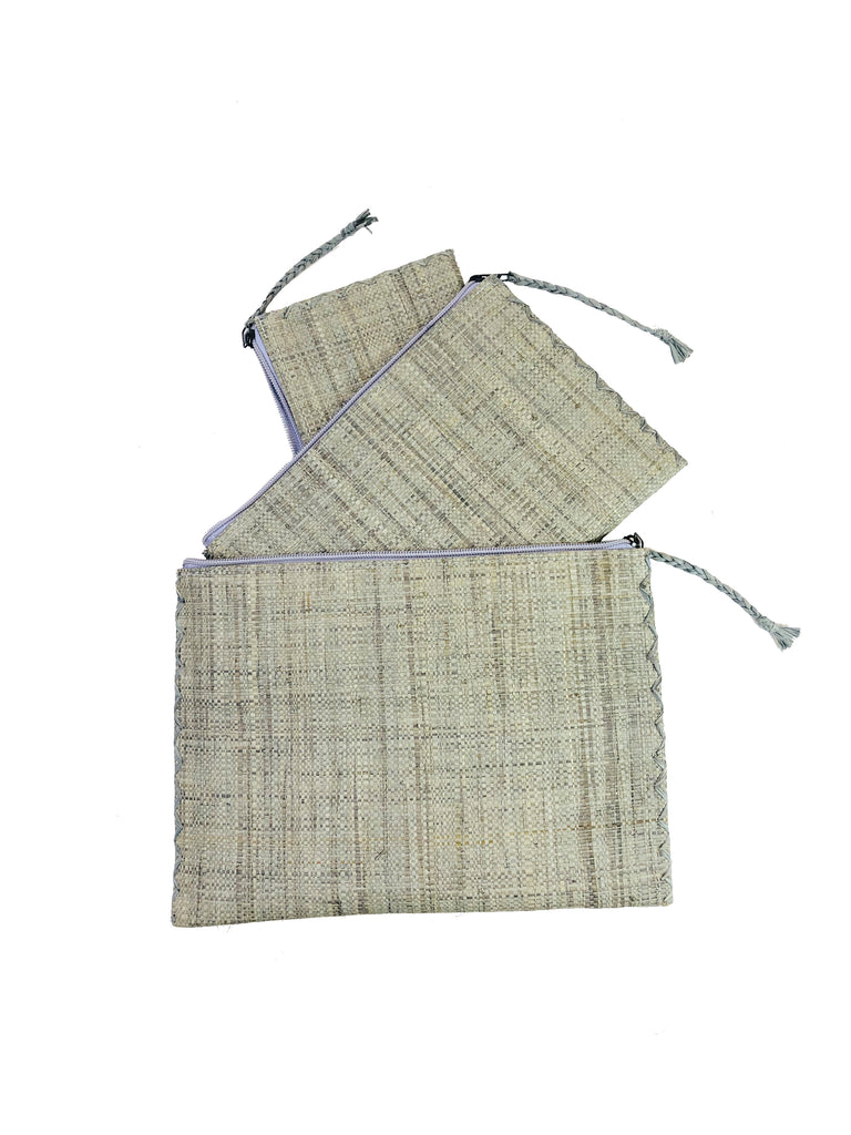 Set of 3 Grey Nesting Zippered Straw Clutches Solid Colors handmade loomed raffia in a solid hue with matching zipper and braided zipper pull with cross stitch edging in three sizes of small, medium, and large - Shebobo