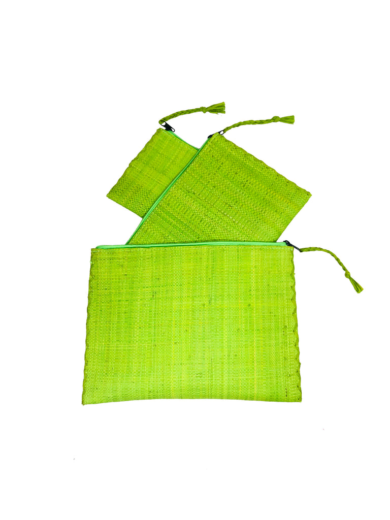Set of 3 Lime Nesting Zippered Straw Clutches Solid Colors handmade loomed raffia in a solid hue with matching zipper and braided zipper pull with cross stitch edging in three sizes of small, medium, and large - Shebobo