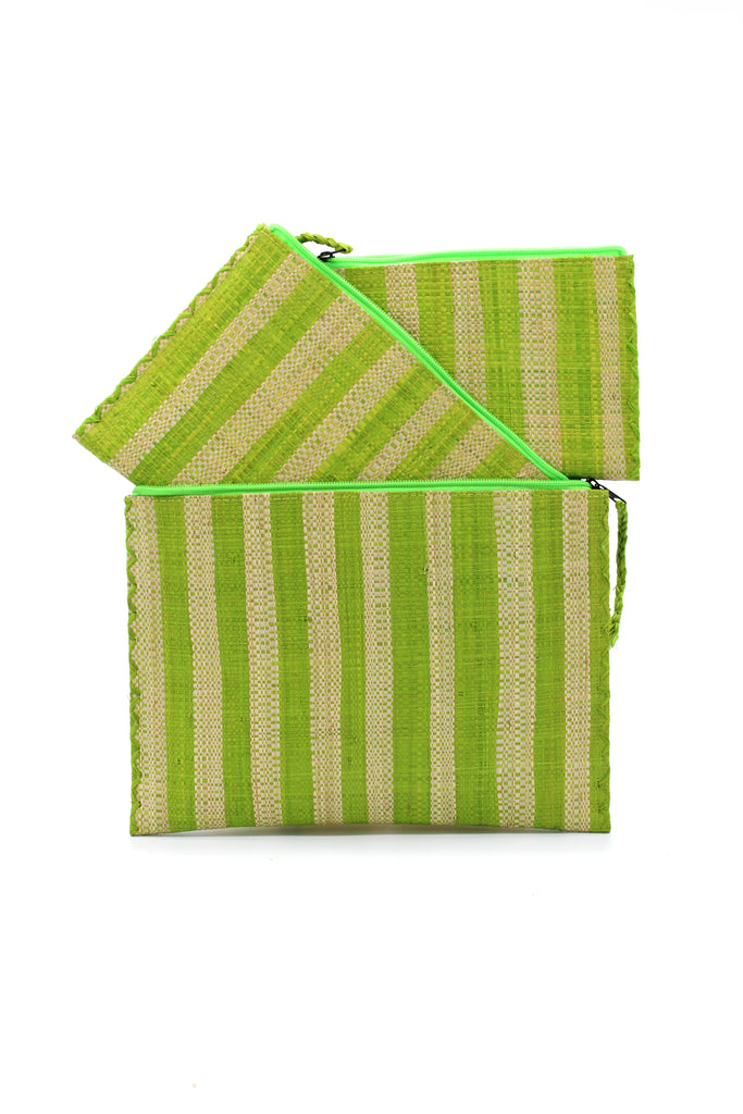 Set of 3 Nesting Zippered Straw Clutches Lime Multicolor Stripe Pattern handmade loomed raffia in vertical stripes of lime green and natural straw color with matching zipper and braided zipper pull with cross stitch edging in three sizes of small, medium, and large - Shebobo