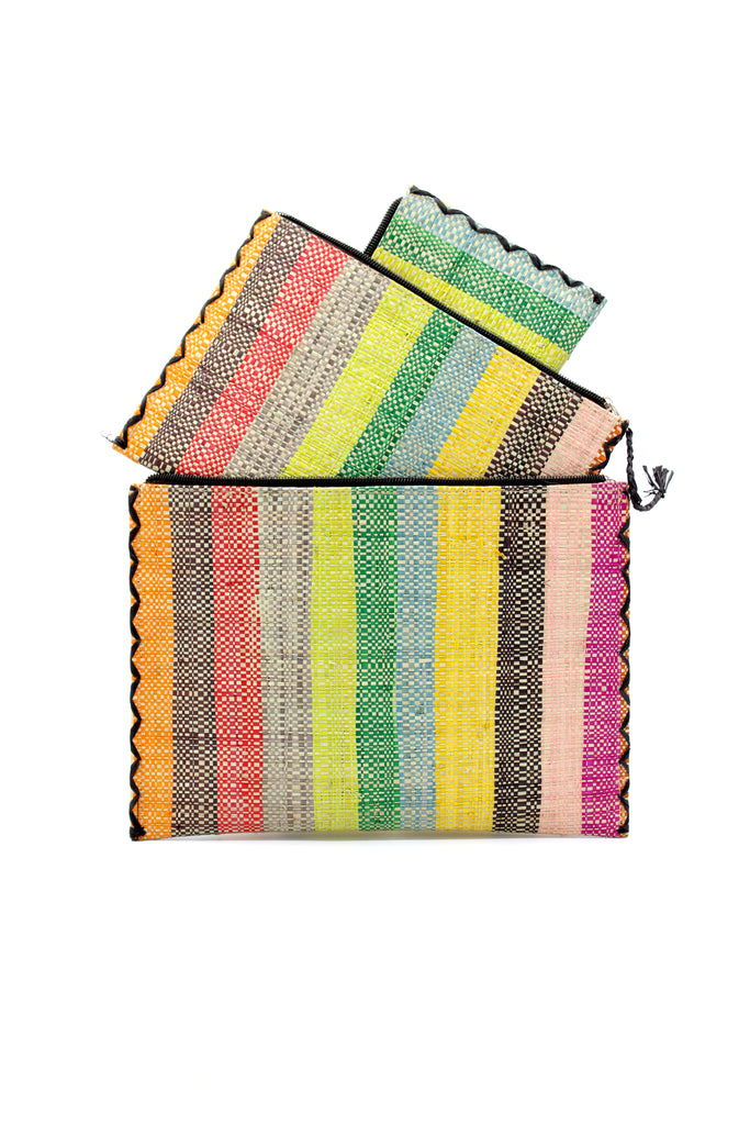 Set of 3 Nesting Zippered Straw Clutches Lollipop Multicolor Stripe Pattern handmade loomed raffia in multiple widths of vertical stripes in natural, orange, green, saffron, light blue, red, fuchsia, pink, black, grey, etc. with matching black zipper and braided zipper pull with cross stitch edging in three sizes of small, medium, and large - Shebobo