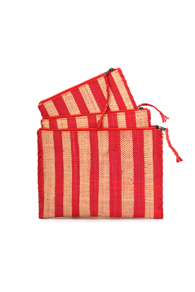 Set of 3 Nesting Zippered Straw Clutches Red Multicolor Stripe Pattern handmade loomed raffia in vertical stripes of red and natural straw color with matching zipper and braided zipper pull with cross stitch edging in three sizes of small, medium, and large - Shebobo