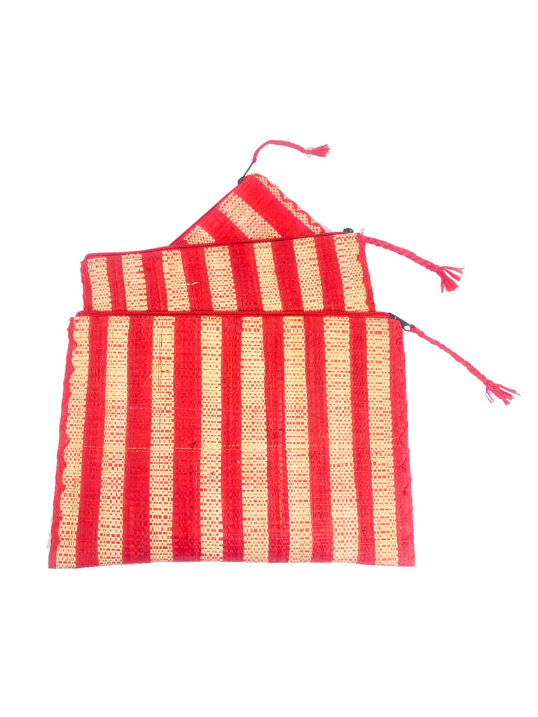 Set of 3 Nesting Zippered Straw Clutches Red Multicolor Stripe Pattern handmade loomed raffia in vertical stripes of red and natural straw color with matching zipper and braided zipper pull with cross stitch edging in three sizes of small, medium, and large - Shebobo