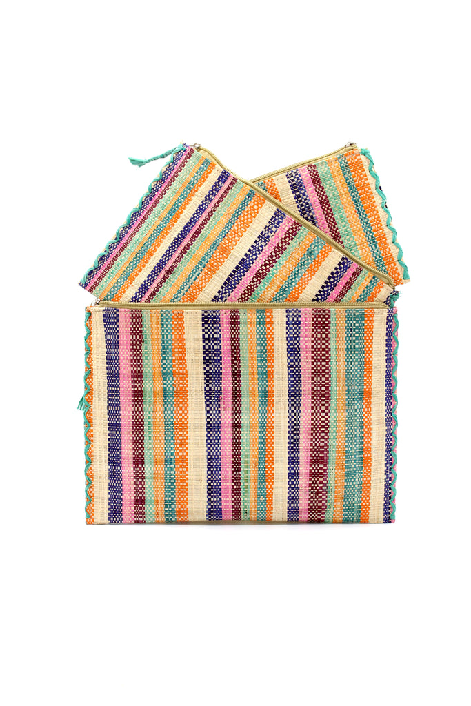 Set of 3 Nesting Zippered Straw Clutches Taffy Multicolor Stripe Pattern handmade loomed raffia in multiple widths of vertical stripes in natural, orange, turquoise, saffron, seafoam, bordeaux, pink with matching zipper and braided zipper pull with cross stitch edging in three sizes of small, medium, and large - Shebobo