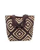 Seychelle Espresso and Natural Diamond Pattern Crochet Straw Basket Handbag handmade natural raffia palm fiber in a two tone multicolor geometric diamond pattern with alternating Espresso chocolate/dark/brown and natural straw colored diamonds that make a diagonal bullseye pattern with matching crochet handles beach bag tote purse - Shebobo