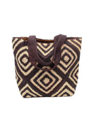 Seychelle Espresso and Natural Diamond Pattern Crochet Straw Basket Handbag handmade natural raffia palm fiber in a two tone multicolor geometric diamond pattern with alternating Espresso chocolate/dark/brown and natural straw colored diamonds that make a diagonal bullseye pattern with matching crochet handles beach bag tote purse - Shebobo