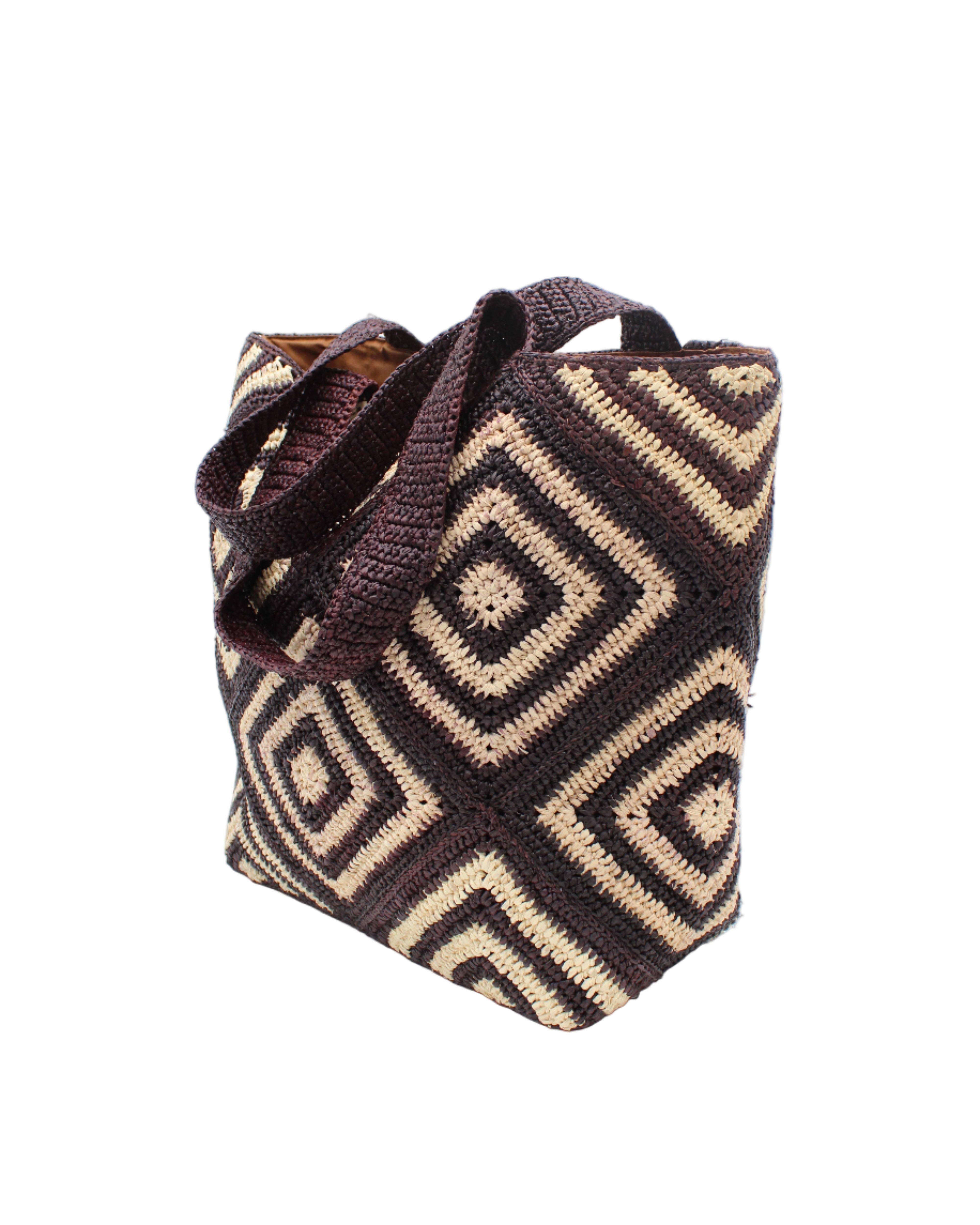 Side view Seychelle Mocha and Natural Diamond Pattern Crochet Straw Basket Handbag handmade natural raffia palm fiber in a two tone multicolor geometric diamond pattern with alternating Mocha chocolate/dark/brown and natural straw colored diamonds that make a diagonal bullseye pattern with matching crochet handles beach bag tote purse - Shebobo