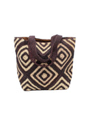 Seychelle Mocha and Natural Diamond Pattern Crochet Straw Basket Handbag handmade natural raffia palm fiber in a two tone multicolor geometric diamond pattern with aternating Mocha chocolate/dark/brown and natural straw colored diamonds that make a diagonal bullseye pattern with matching crochet handles beach bag tote purse - Shebobo