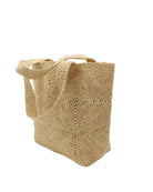 Side view Seychelle Natural Diamond Pattern Crochet Straw Basket Handbag handmade natural raffia palm fiber in a solid hue of natural straw color with subtle geometric diamond diagonal pattern with matching crochet handles beach bag tote purse - Shebobo