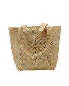 Seychelle Natural Diamond Pattern Crochet Straw Basket Handbag handmade natural raffia palm fiber in a solid hue of natural straw color with subtle geometric diamond diagonal pattern with matching crochet handles beach bag tote purse - Shebobo
