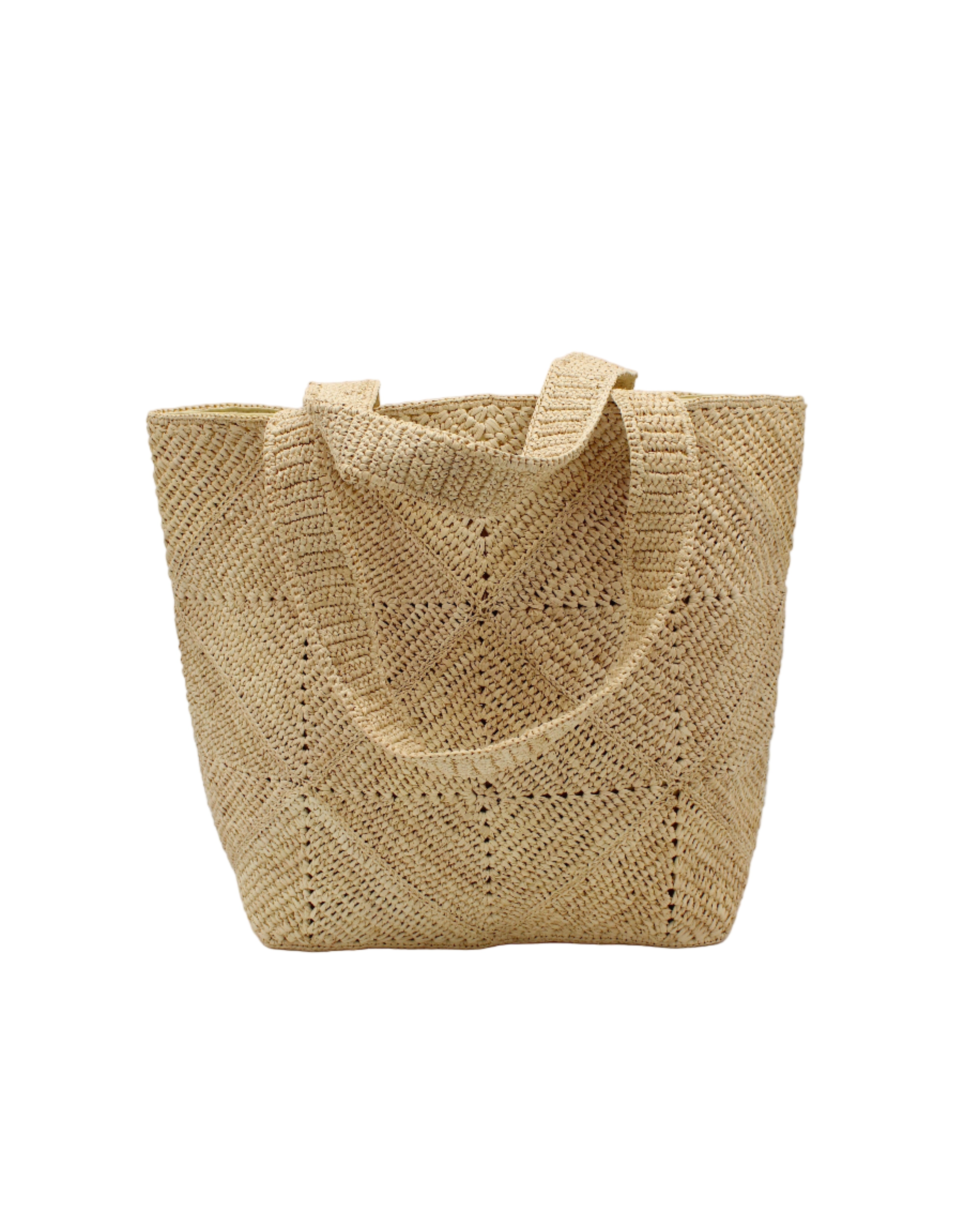 Seychelle Natural Diamond Pattern Crochet Straw Basket Handbag handmade natural raffia palm fiber in a solid hue of natural straw color with subtle geometric diamond diagonal pattern with matching crochet handles beach bag tote purse - Shebobo