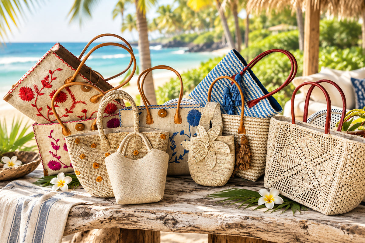 Assortment of handmade natural raffia palm fiber straw purses, beach bags, handbags, tote, shoulder bags, etc. by Shebobo