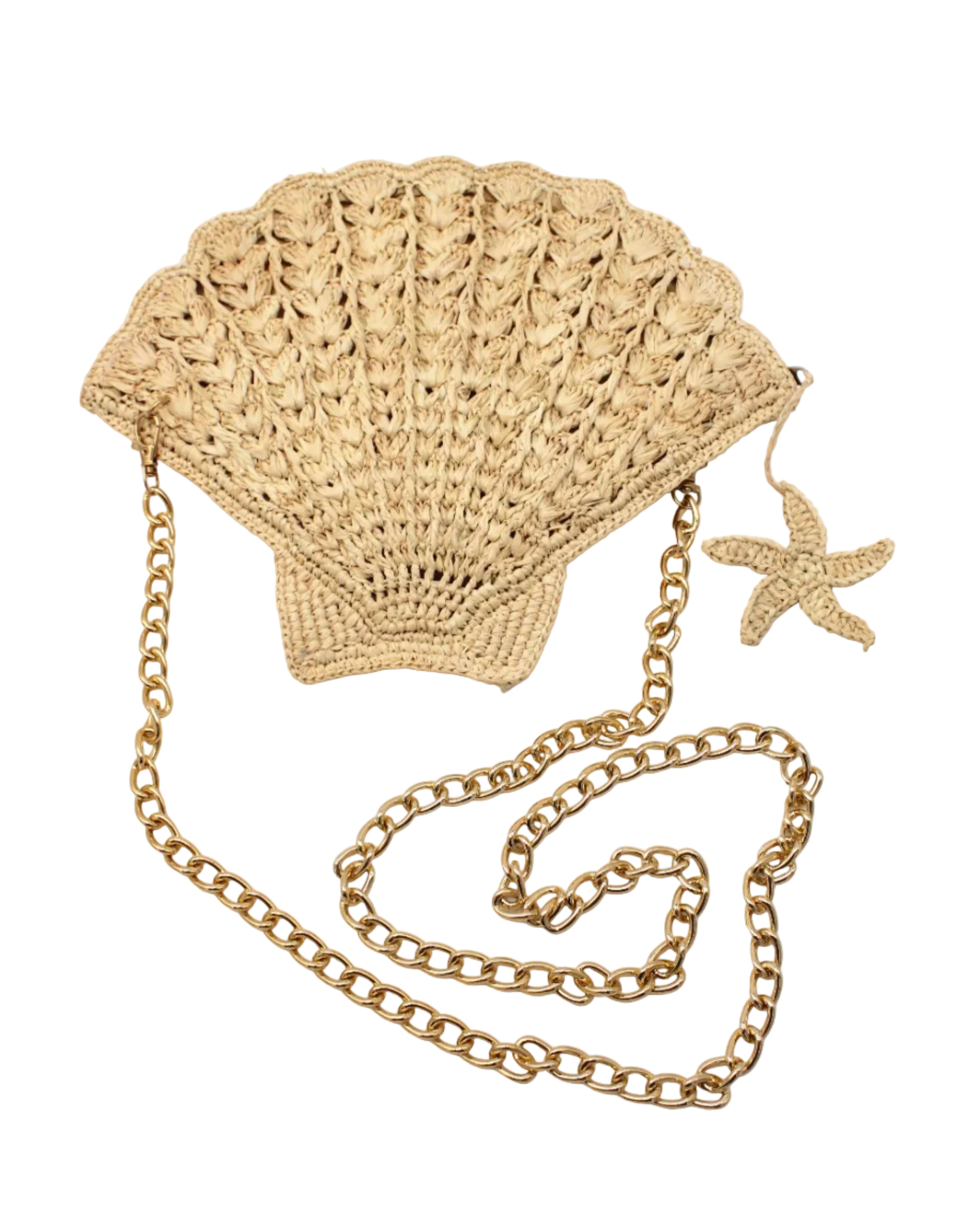 Shelly Seashell Crochet Straw Crossbody Bag handmade natural raffia palm fiber in a solid hue of natural straw color crochet into the shape of a seashell with detailed texture representing the shell shape with metal chain crossbody strap and natural small starfish zipper pull charm embellishment purse beach bag - Shebobo