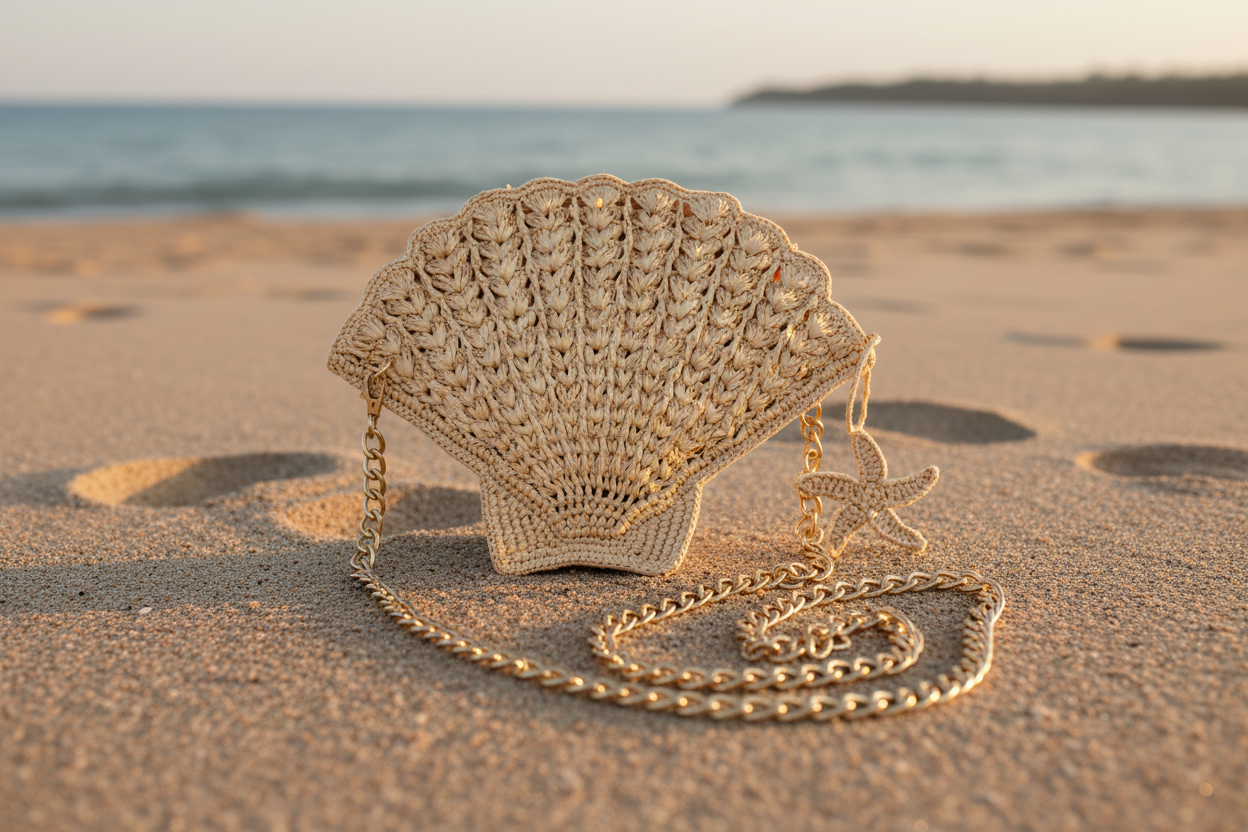 Lifestyle view Shelly Seashell Crochet Straw Crossbody Bag handmade natural raffia palm fiber in a solid hue of natural straw color crochet into the shape of a seashell with detailed texture representing the shell shape with metal chain crossbody strap and natural small starfish zipper pull charm embellishment purse beach bag - Shebobo