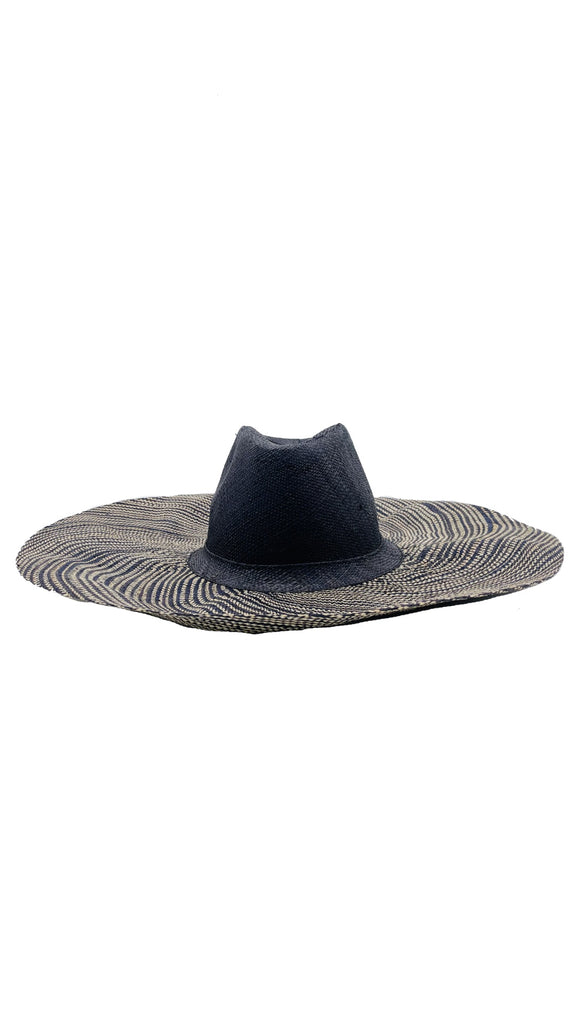 Side view 5" Brim Miramar Black Two Tone Melange Straw Sun Hat handmade loomed raffia in a solid hue of black on the crown and black/natural two tone melange heather pattern wide brim panama style - Shebobo