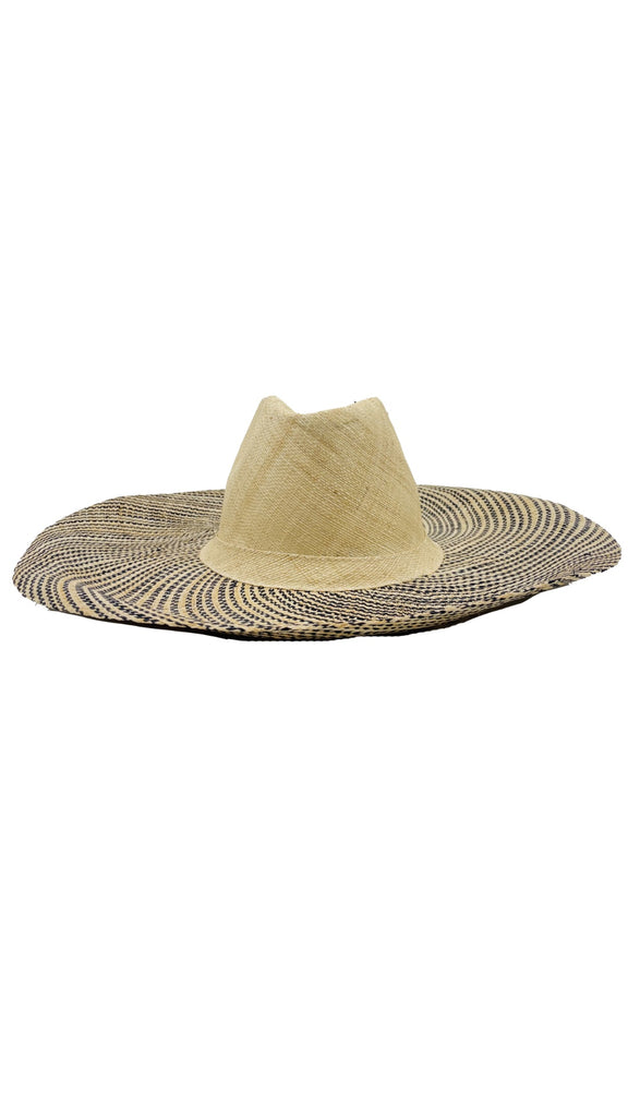 Side view 5" Brim Miramar Natural Two Tone Melange Straw Sun Hat handmade loomed raffia in a solid hue of black on the crown and natural straw color and black two tone melange heather pattern wide brim panama style - Shebobo