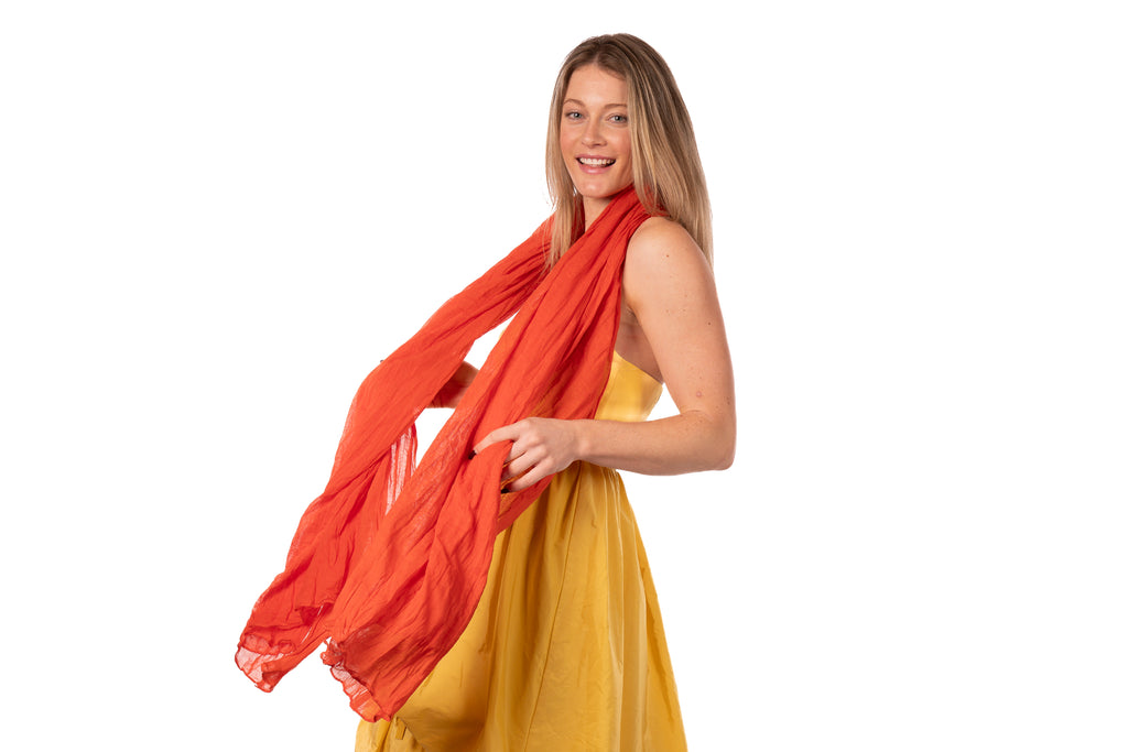 Model wearing Solid Color Cotton Scarf Wrap Coral Orange - Shebobo