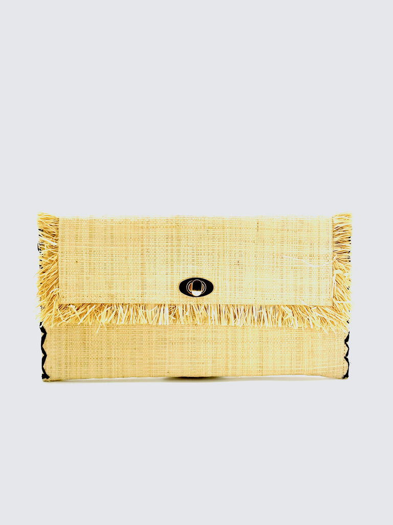 Sophie Natural Straw Clutch with Raw Fringe Edge handmade loomed natural straw color raffia purse with matching fringe trim edge and contrasting black cross stitch binding handbag - Shebobo
